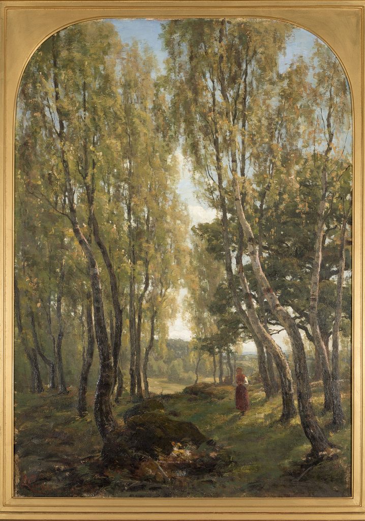 Maalaus metsämaisemasta. Lehtipuita, keskelllä avautuu polku, jota kävelee naishahmo.