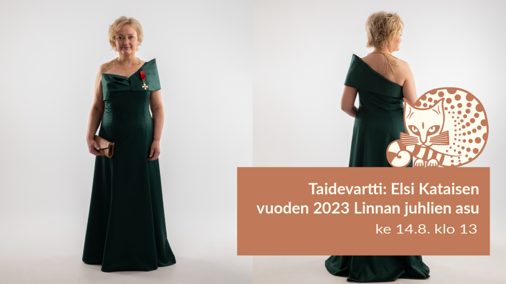 Elsi Katainen yllään tumman vihreä iltapuku. Kuvat edestä ja takaapäin.