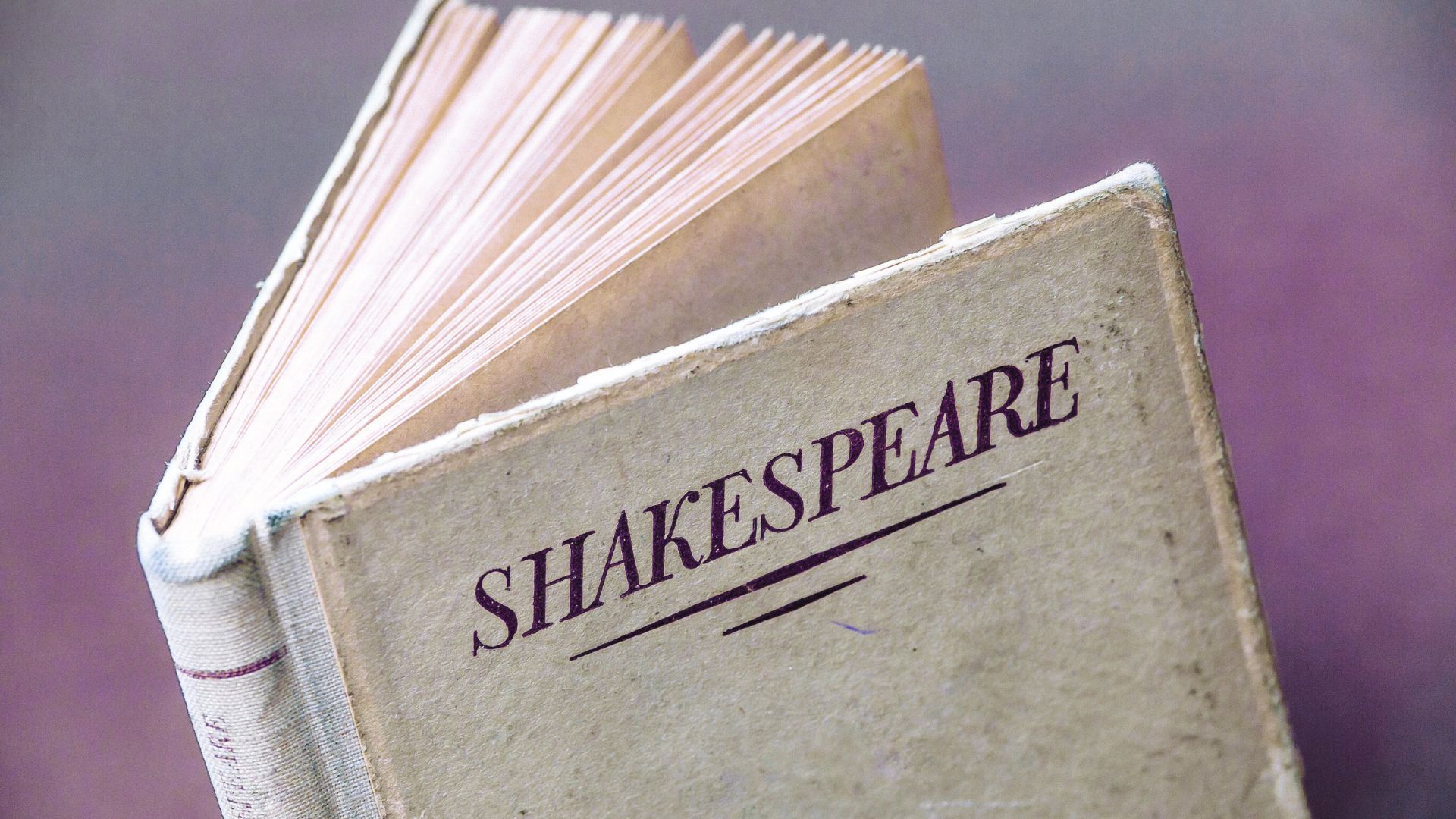 Kuvassa on vanhahko kirja, jonka kannessa lukee "Shakespeare". Tausta on violetinsävyinen.