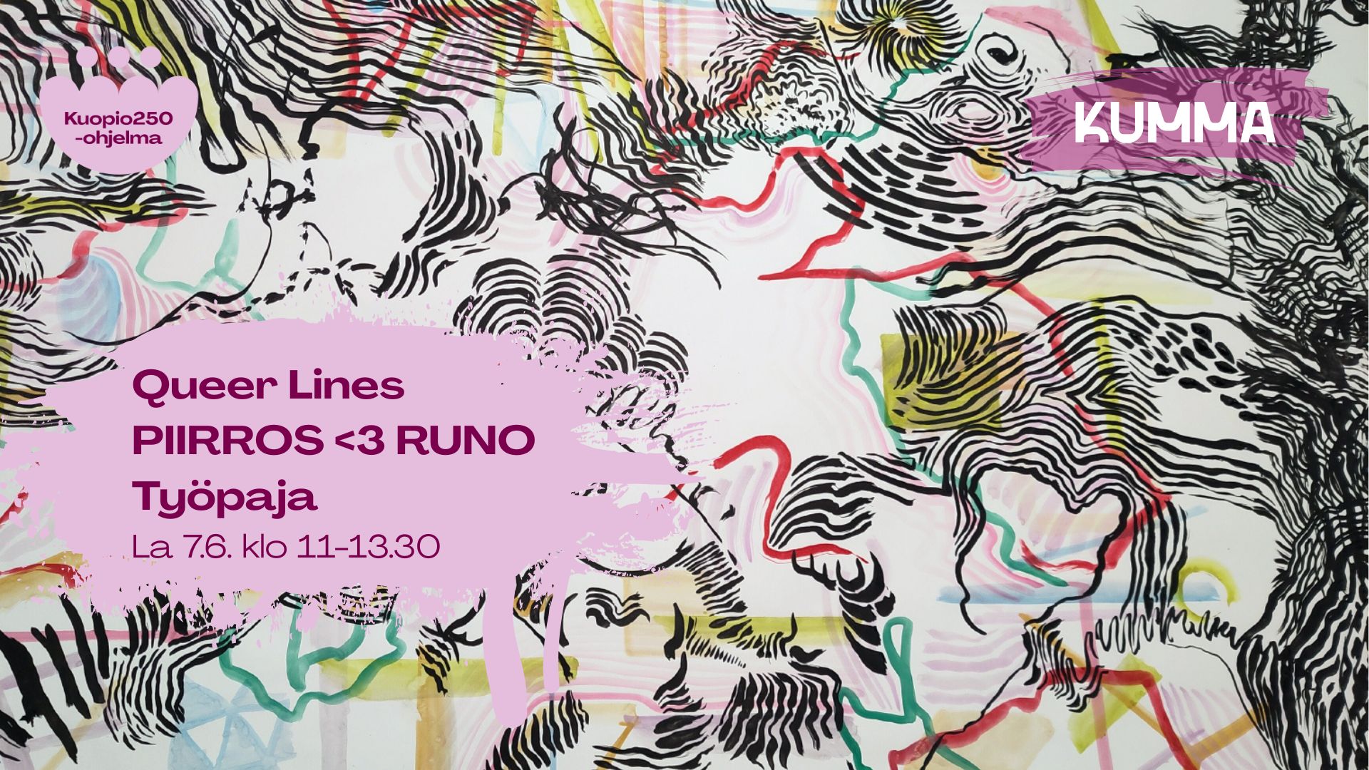 In the image, there is an abstract drawing in the background. The image reads: Queer Lines, poem