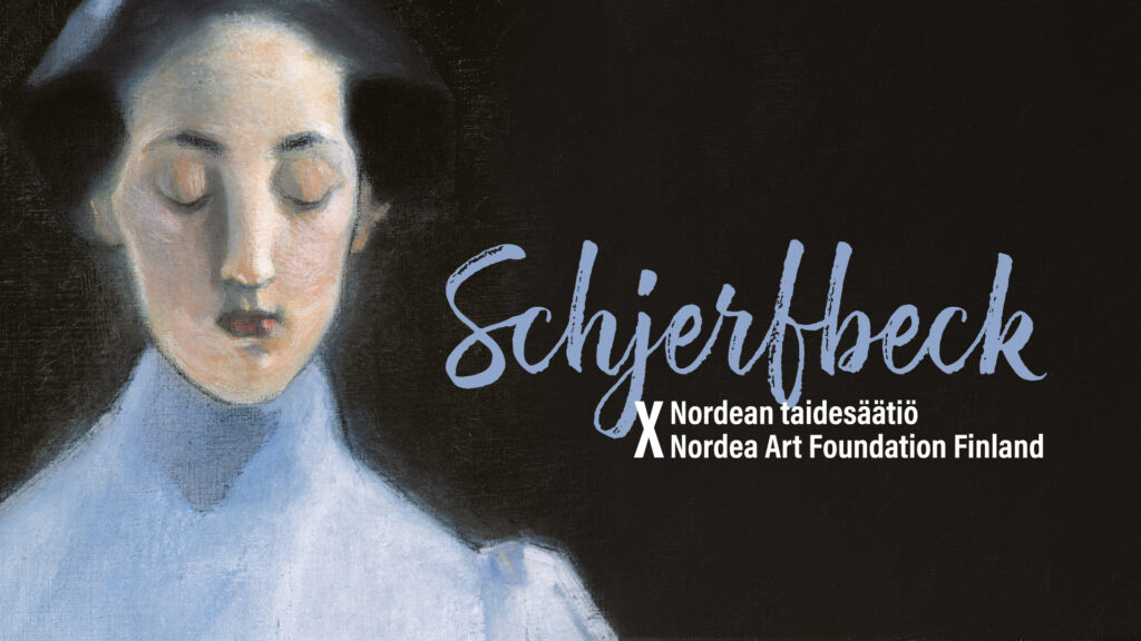 Helene Schjerfbeckin maalaus vaaleisiin pukeutuneesta henkilöstä, jonka silmät ovat suljetut. Tummalla taustalla on näyttelyn nimi ”Schjerfbeck X Nordean taidesäätiö / Nordea Art Foundation Finland”.